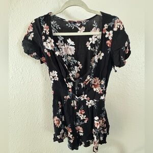 American Eagle Outfitters Black Floral Tie Front Romper